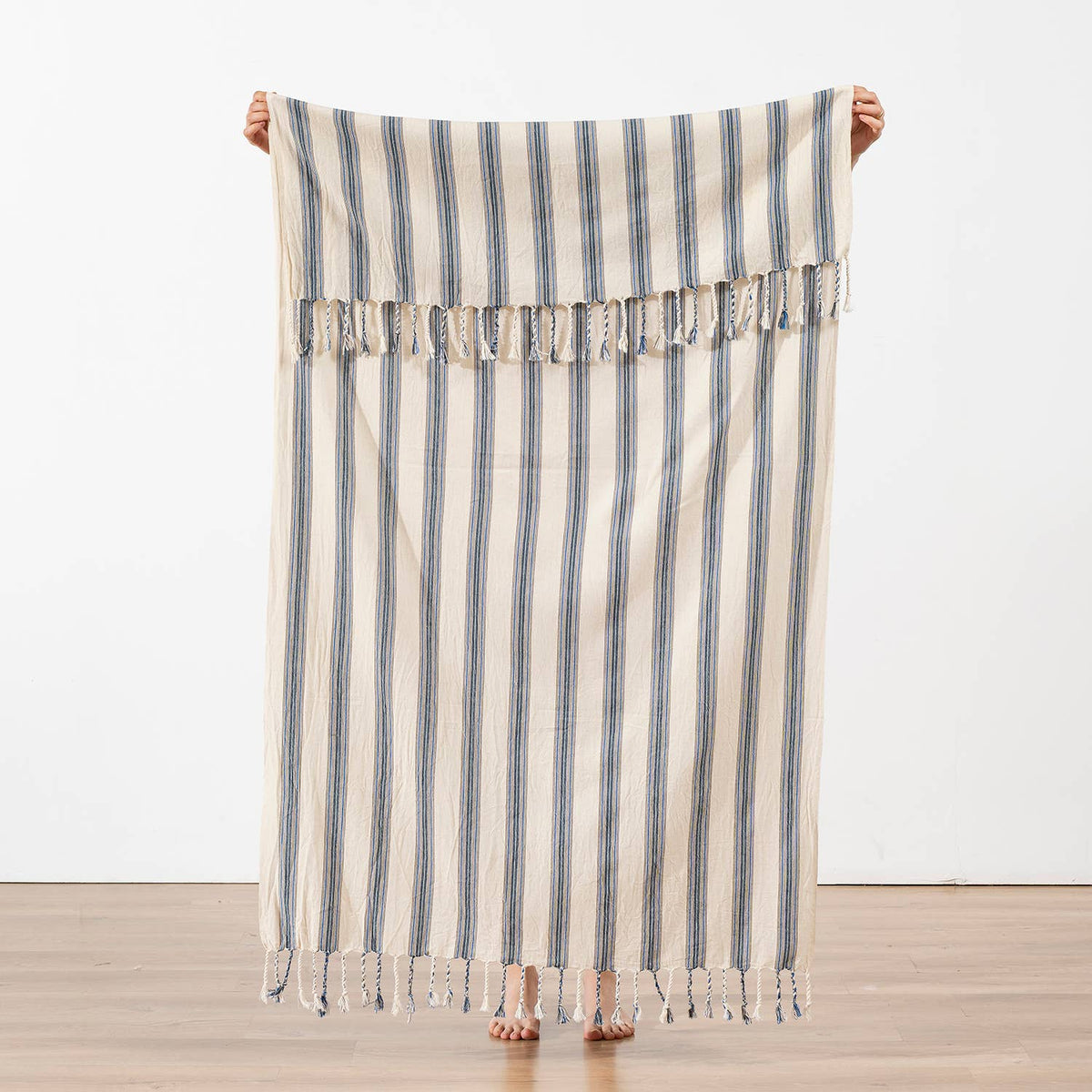 Premium Rustic Turkish beach towel – Denim Ticking Stripe | Kikoya