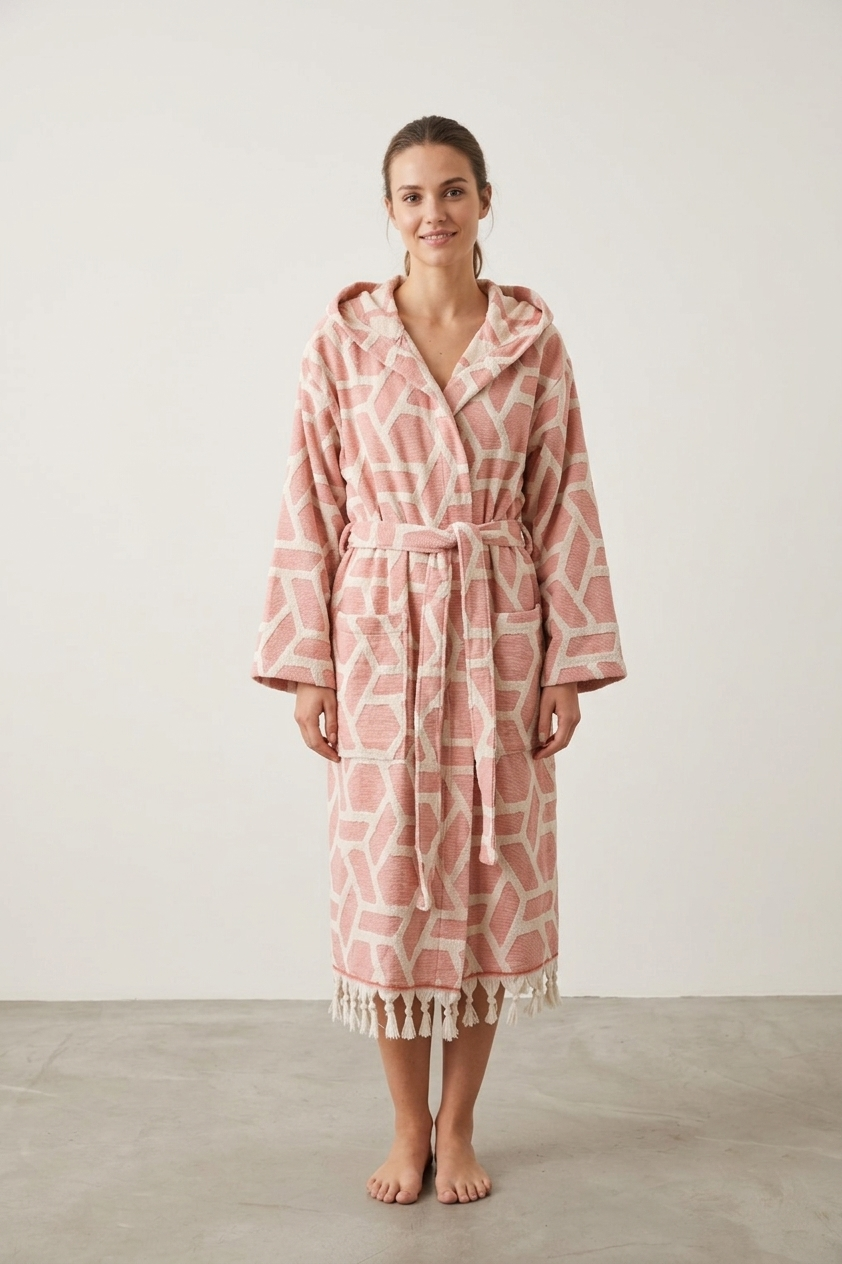 Aztec raised terry Turkish bathrobe in dusty rose, hooded | Kikoya