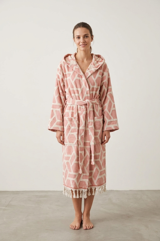 Aztec raised terry Turkish bathrobe in dusty rose, hooded | Kikoya