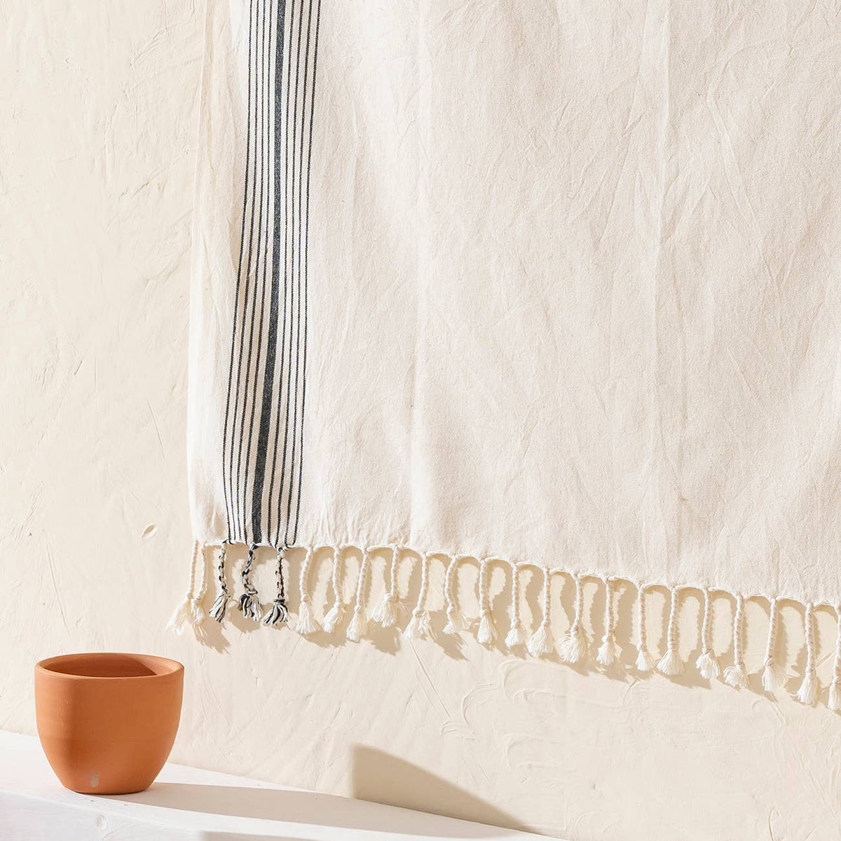 Paola honeycomb Turkish beach towel, cream with grey and navy stripe | Kikoya