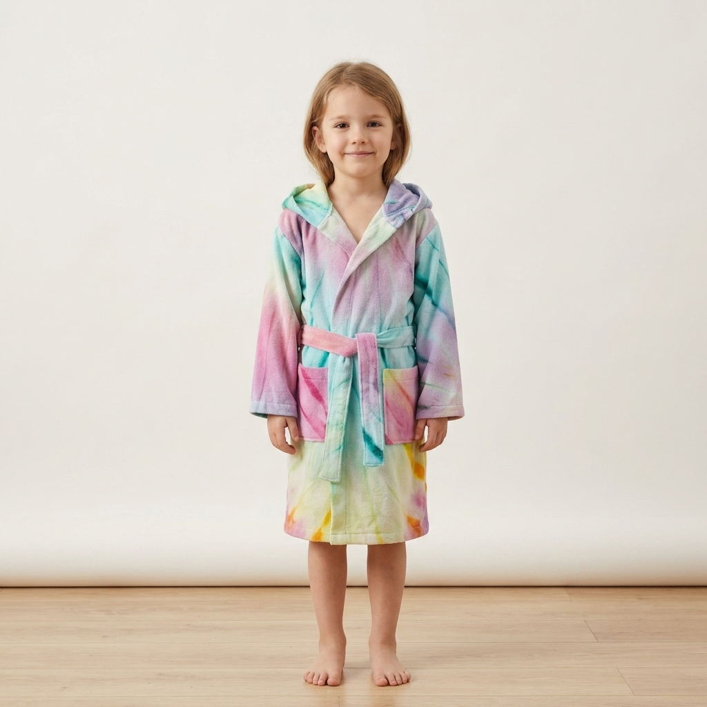 Hand tie-dyed kids Turkish bathrobe – hooded, ages 5-8 | Kikoya