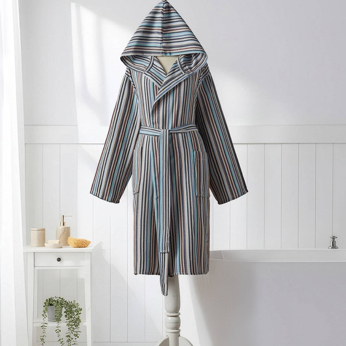 Antique Turkish hooded bathrobe – Slate & Teal Stripe | Kikoya