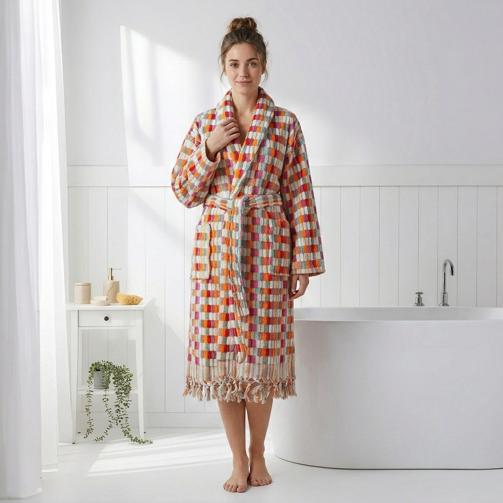 Pompom Turkish bathrobe – Lokum Pink Multi, Shawl Collar, styled view | Kikoya