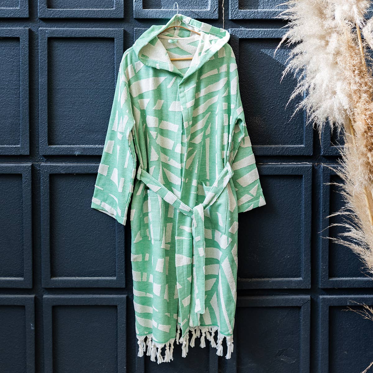 Fronds raised terry Turkish bathrobe, hooded, palm-frond jacquard | Kikoya