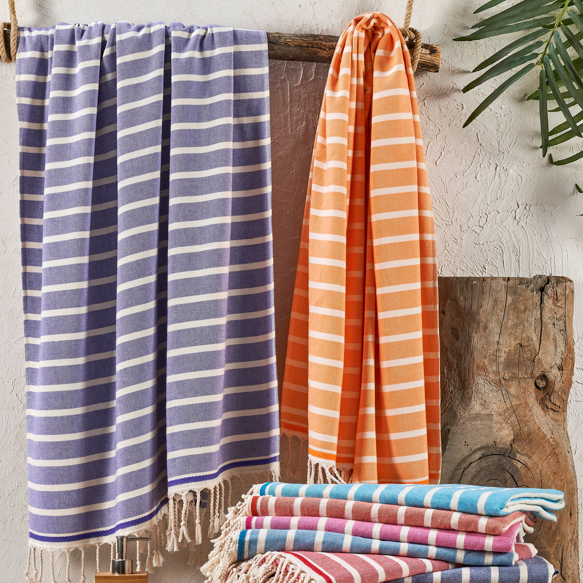 Terry-backed Turkish towel in a two-tone stripe, 33x66 in | Kikoya