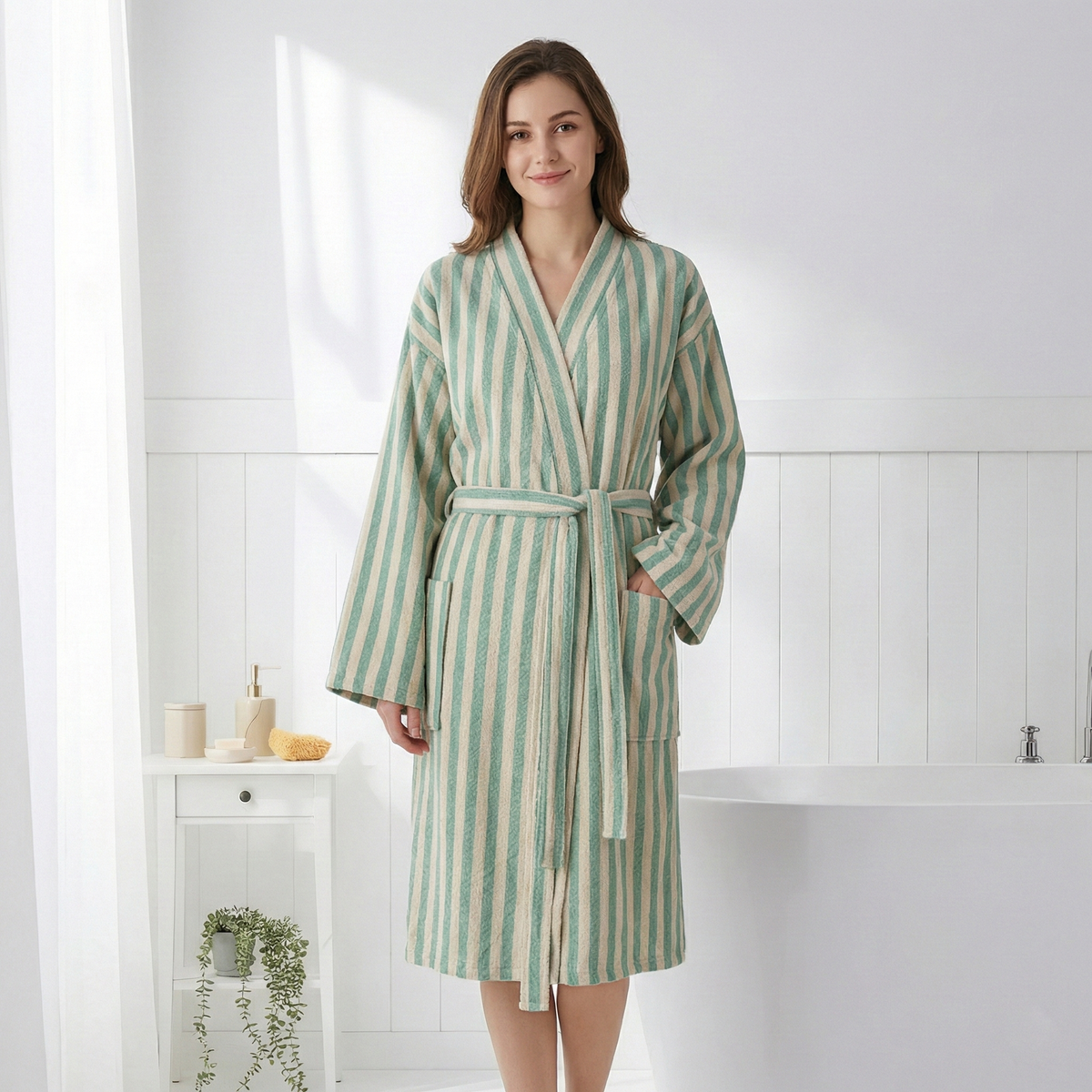 Sage green stripe Turkish cotton bathrobe – kimono, belted | Kikoya