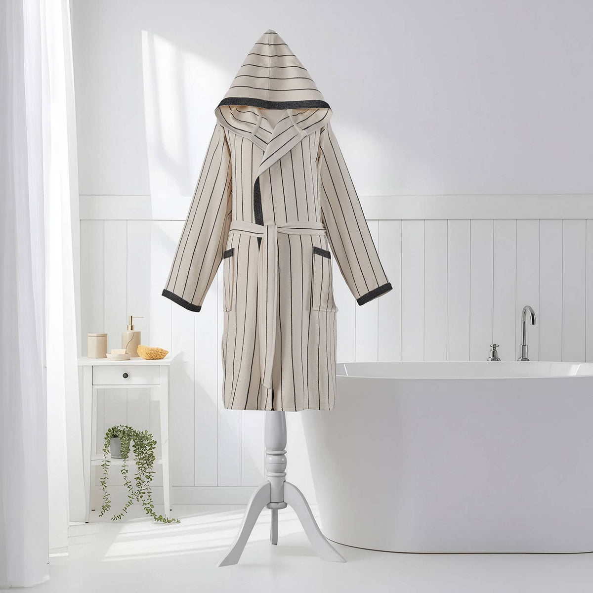 Pinstripe Turkish cotton bathrobe in cream & black – hooded | Kikoya
