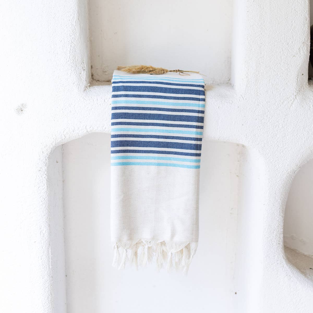 Linen-cotton Turkish beach towel in blue block stripe, 33x66 in | Kikoya