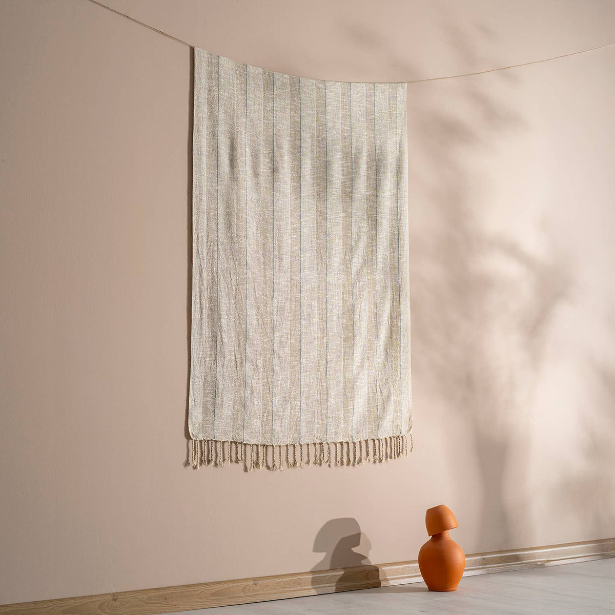 Flax Linen Stripe peshtemal, knotted fringe detail | Kikoya