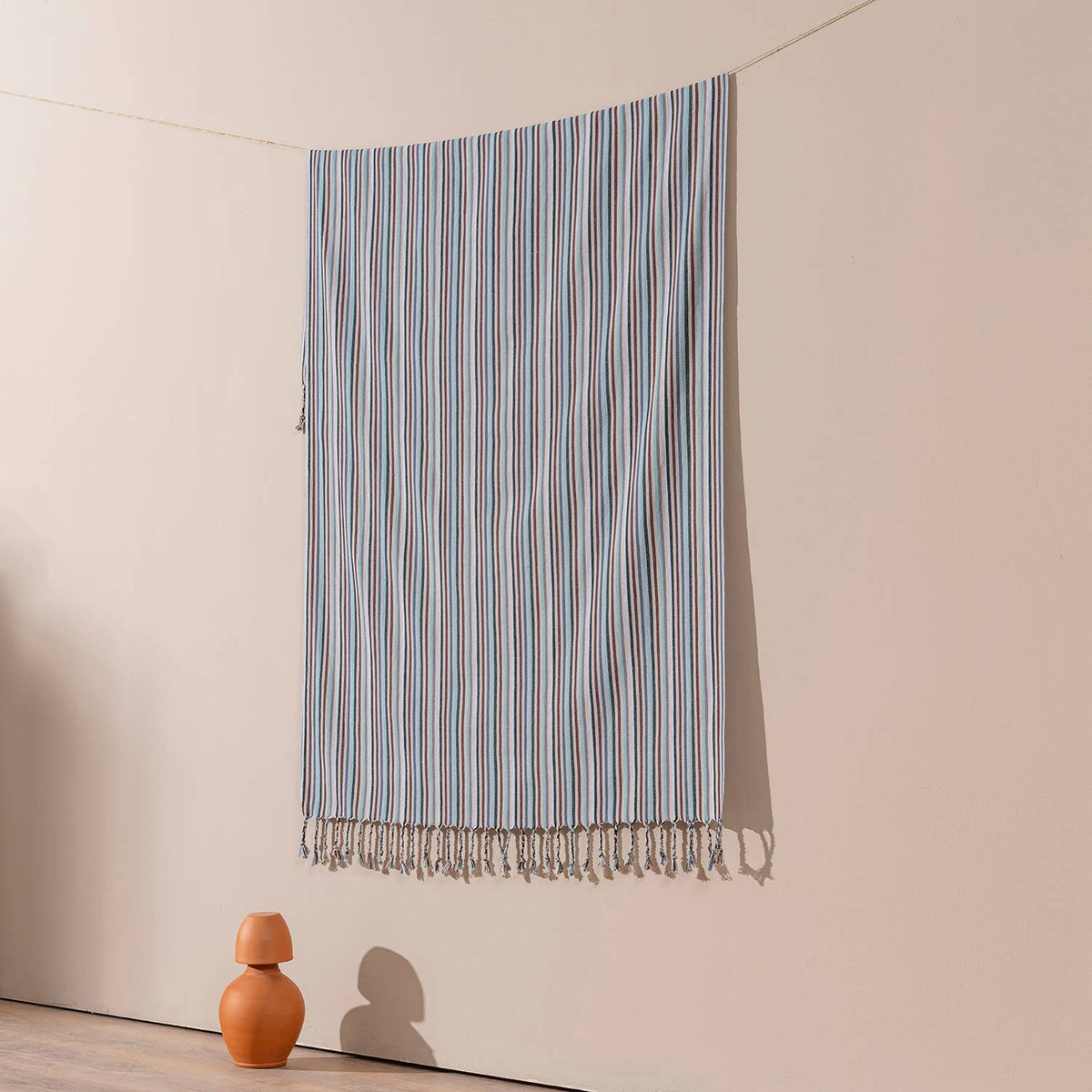 Dusty Blue Multi Stripe beach towel folded | Kikoya
