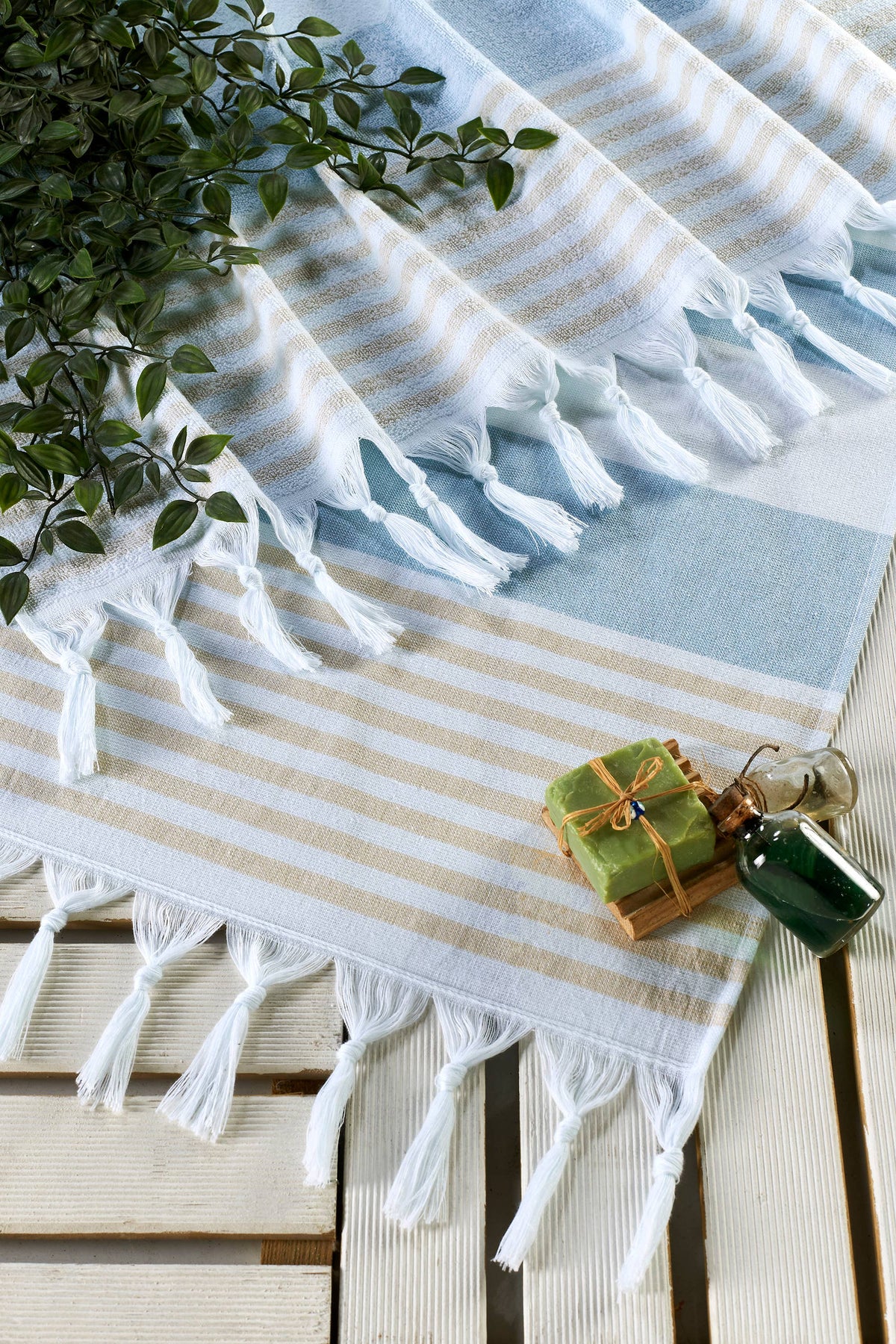 Mediterranean terry-backed Turkish towel in two-tone block stripe, 35x70 in | Kikoya