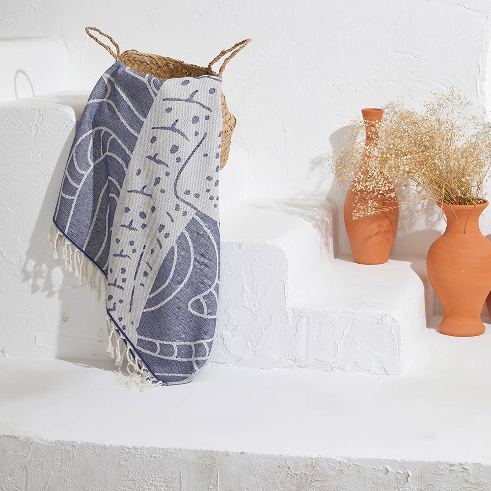 Whale shark terry-backed Turkish towel with woven jacquard face, 35x70 in | Kikoya