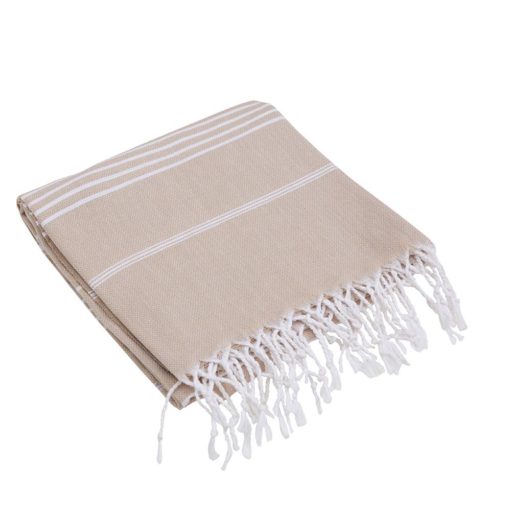 Sultan Turkish beach towel – Beige, folded with knotted fringe | Kikoya