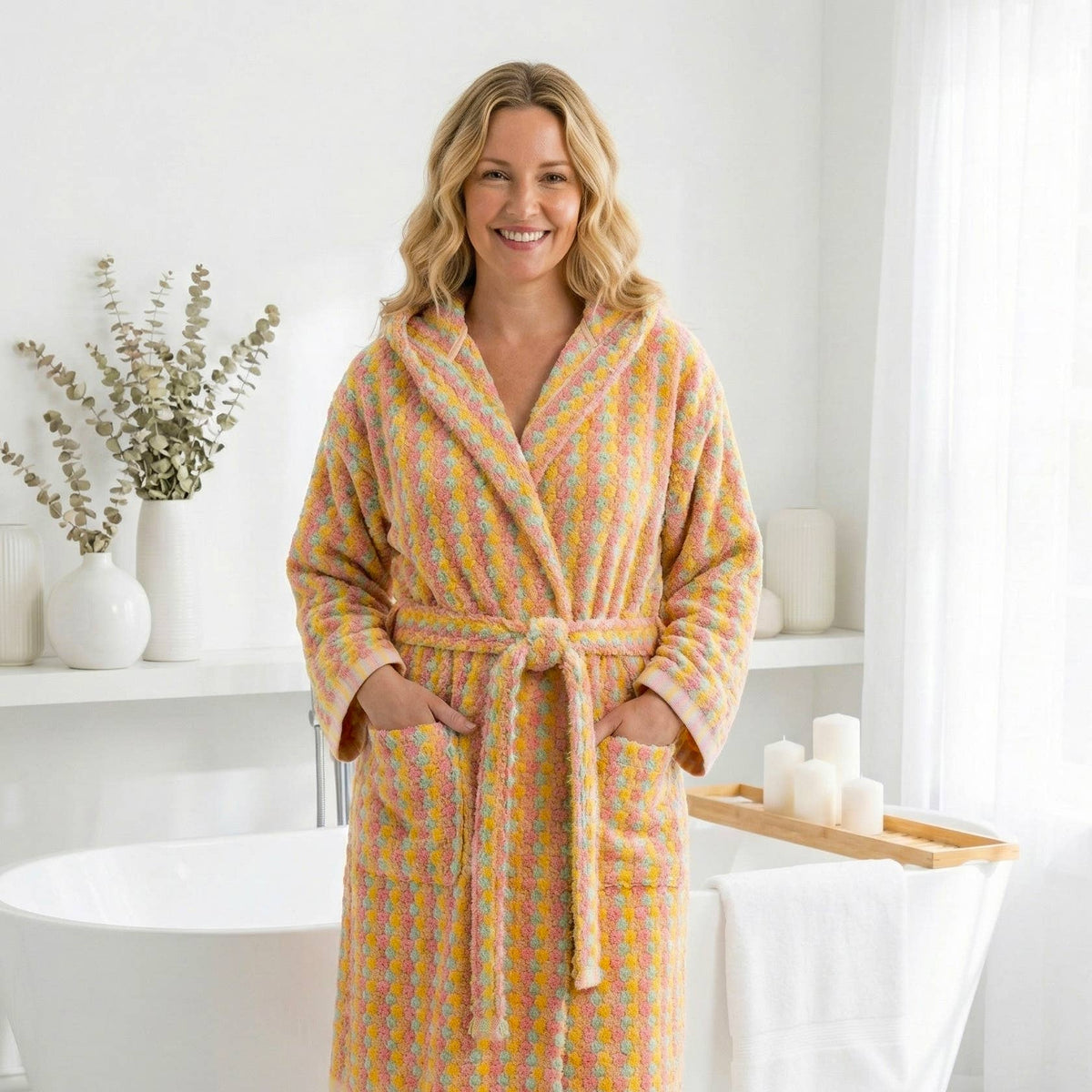Pompom Turkish bathrobe – Pink & Orange, Hooded, front view | Kikoya
