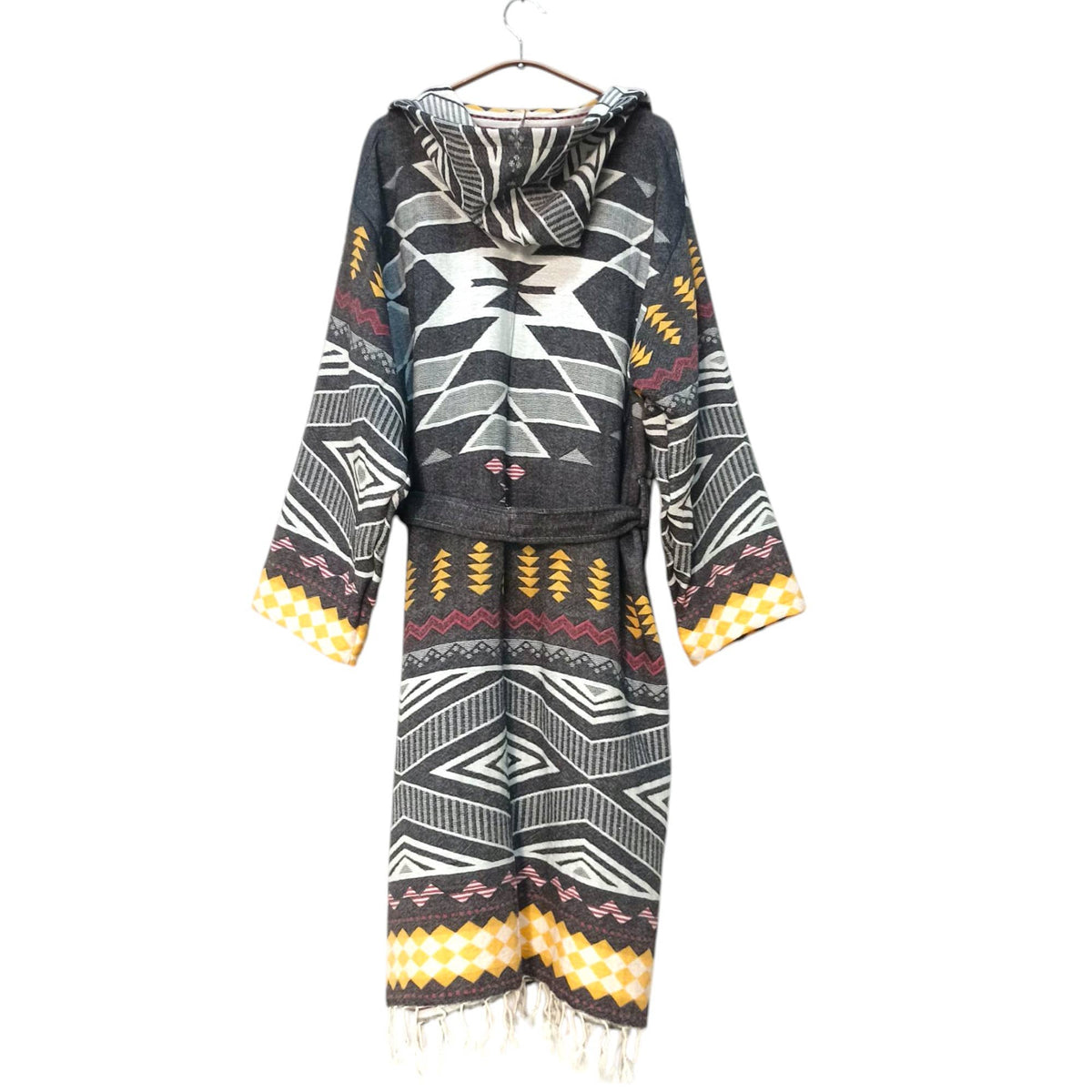 Tribal flat-woven Turkish bathrobe in black & white – kimono, pompom trim | Kikoya