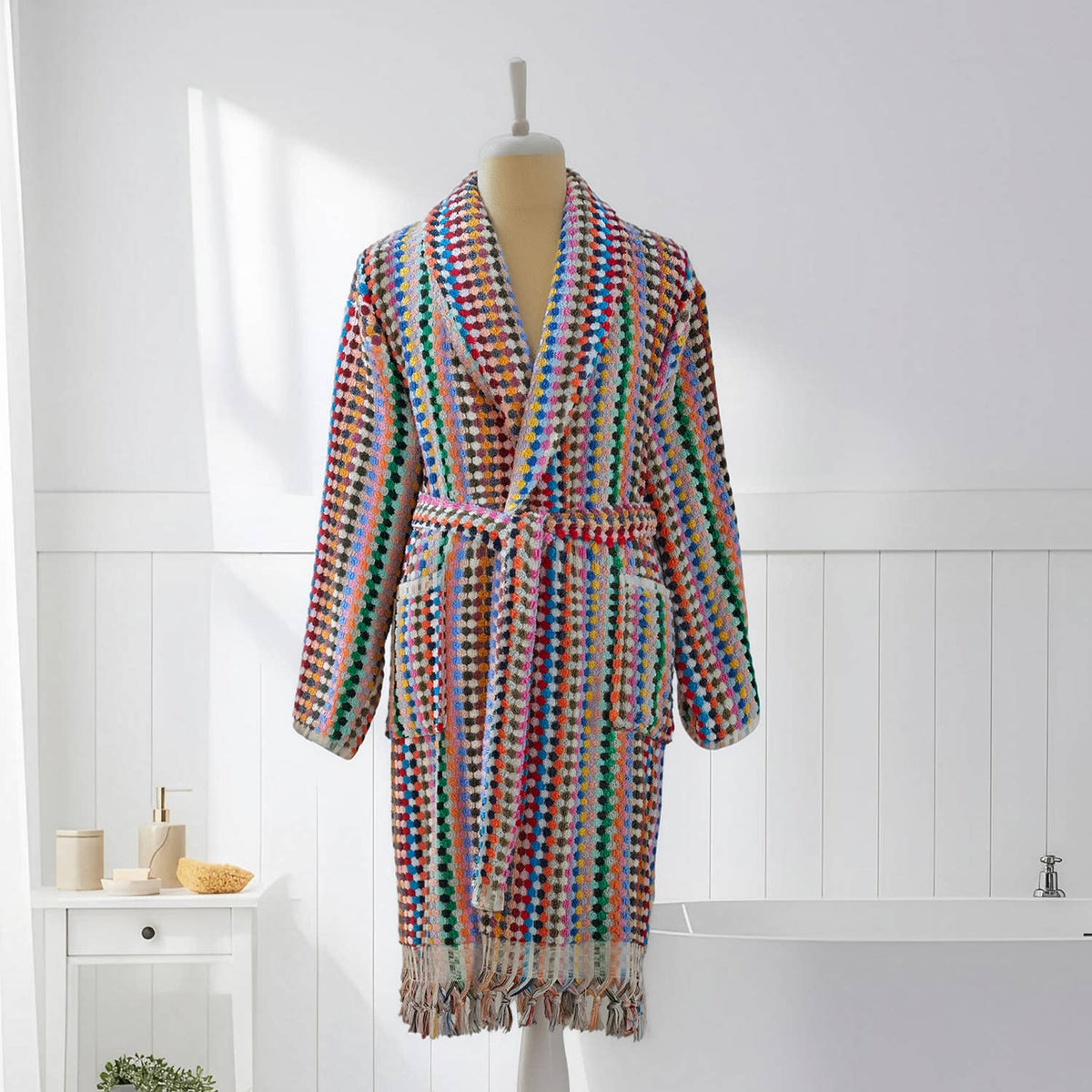 Pompom Turkish bathrobe – Multicolor, Shawl Collar, front view | Kikoya