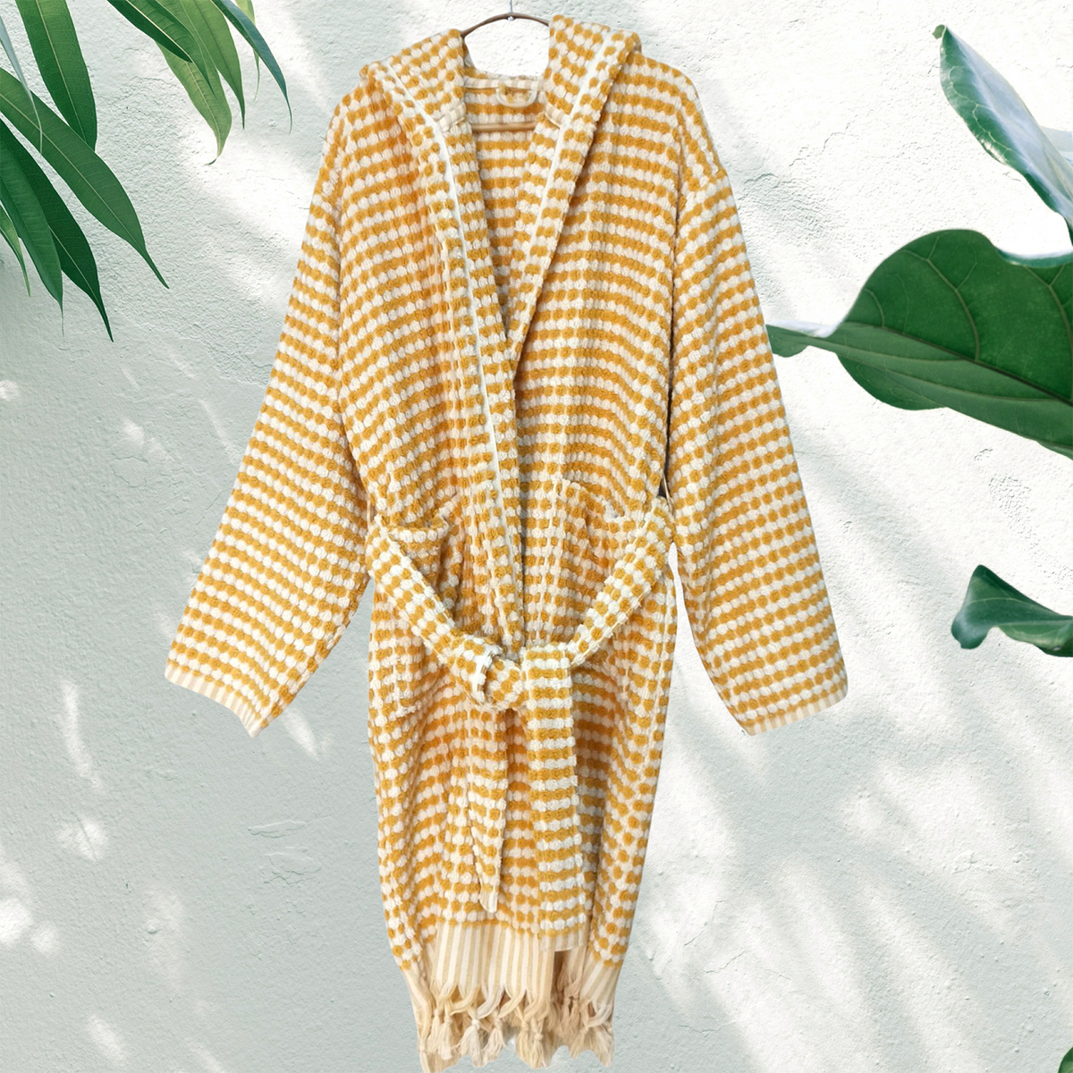 Pompom Turkish bathrobe – Mustard, Hooded, belt and pocket detail | Kikoya