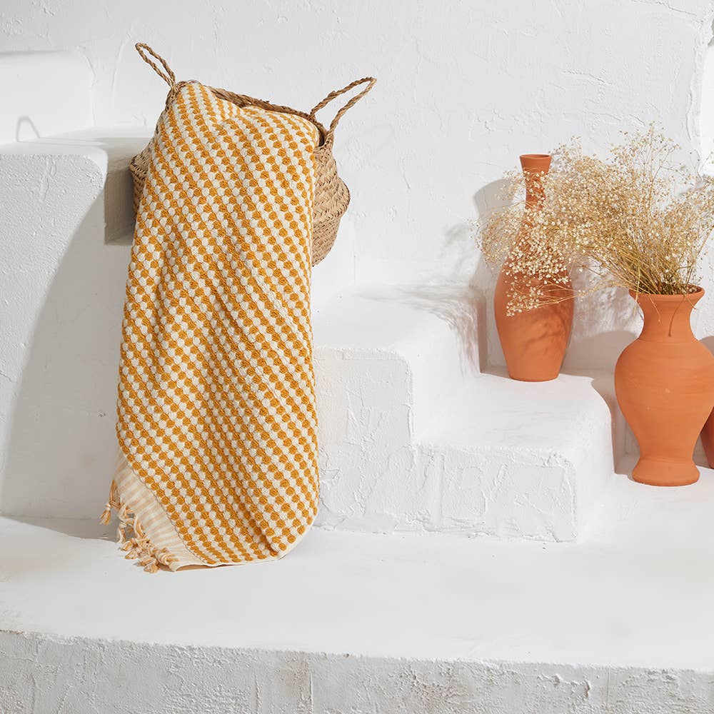 Pompom handloomed Turkish bath towel, 35x68 in, bubble weave with pompom fringe | Kikoya