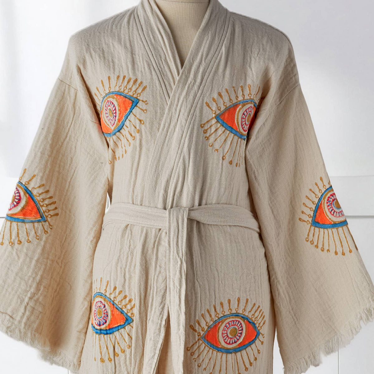 Block-print Turkish cotton kimono robe – Evil Eye Coral & Blue | Kikoya