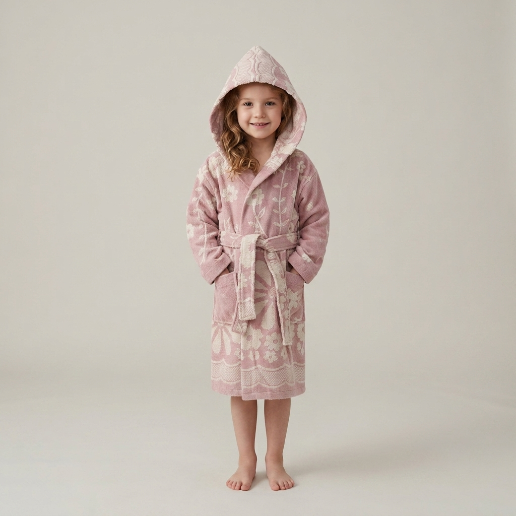 Daisy kids Turkish bathrobe – floral jacquard, hooded, ages 5-8 | Kikoya