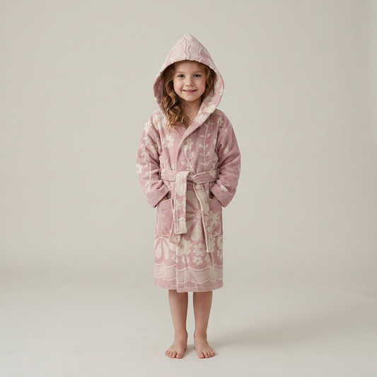 Daisy kids Turkish bathrobe – floral jacquard, hooded, ages 5-8 | Kikoya