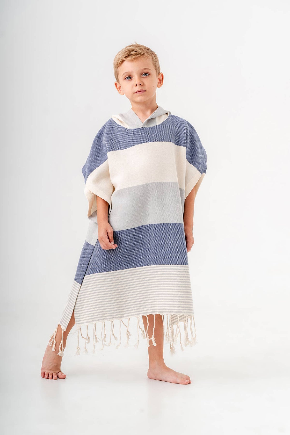 Block stripe kids hooded towel poncho in Grey & Blue, 100% Turkish cotton | Kikoya