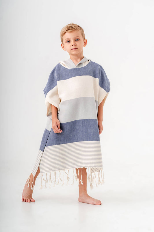 Block stripe kids hooded towel poncho in Grey & Blue, 100% Turkish cotton | Kikoya