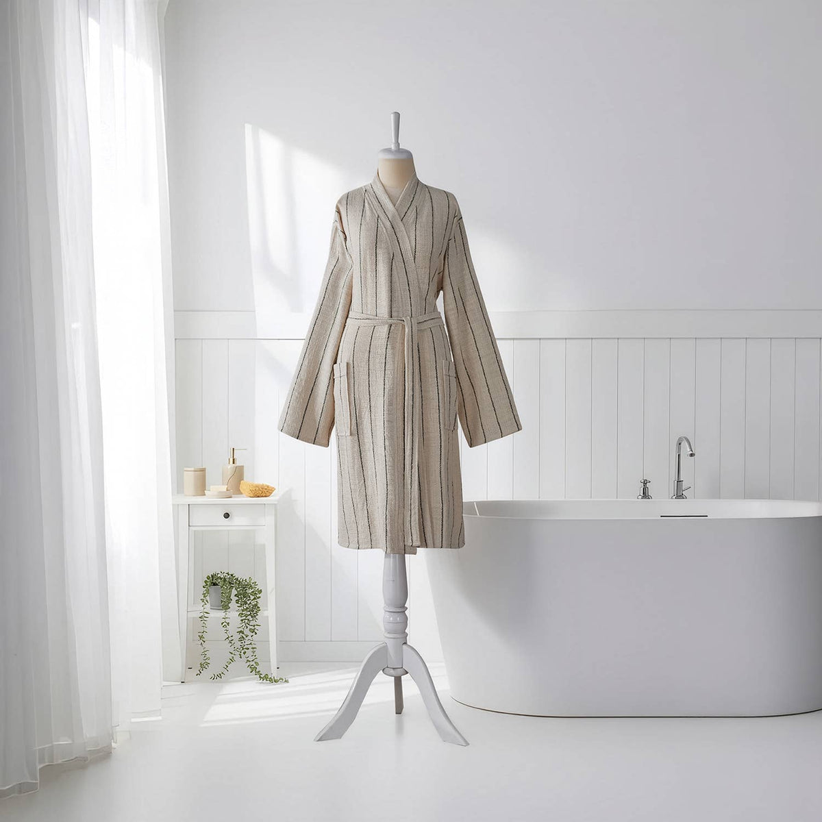 Santorini Turkish kimono bathrobe – Charcoal Stripe | Kikoya