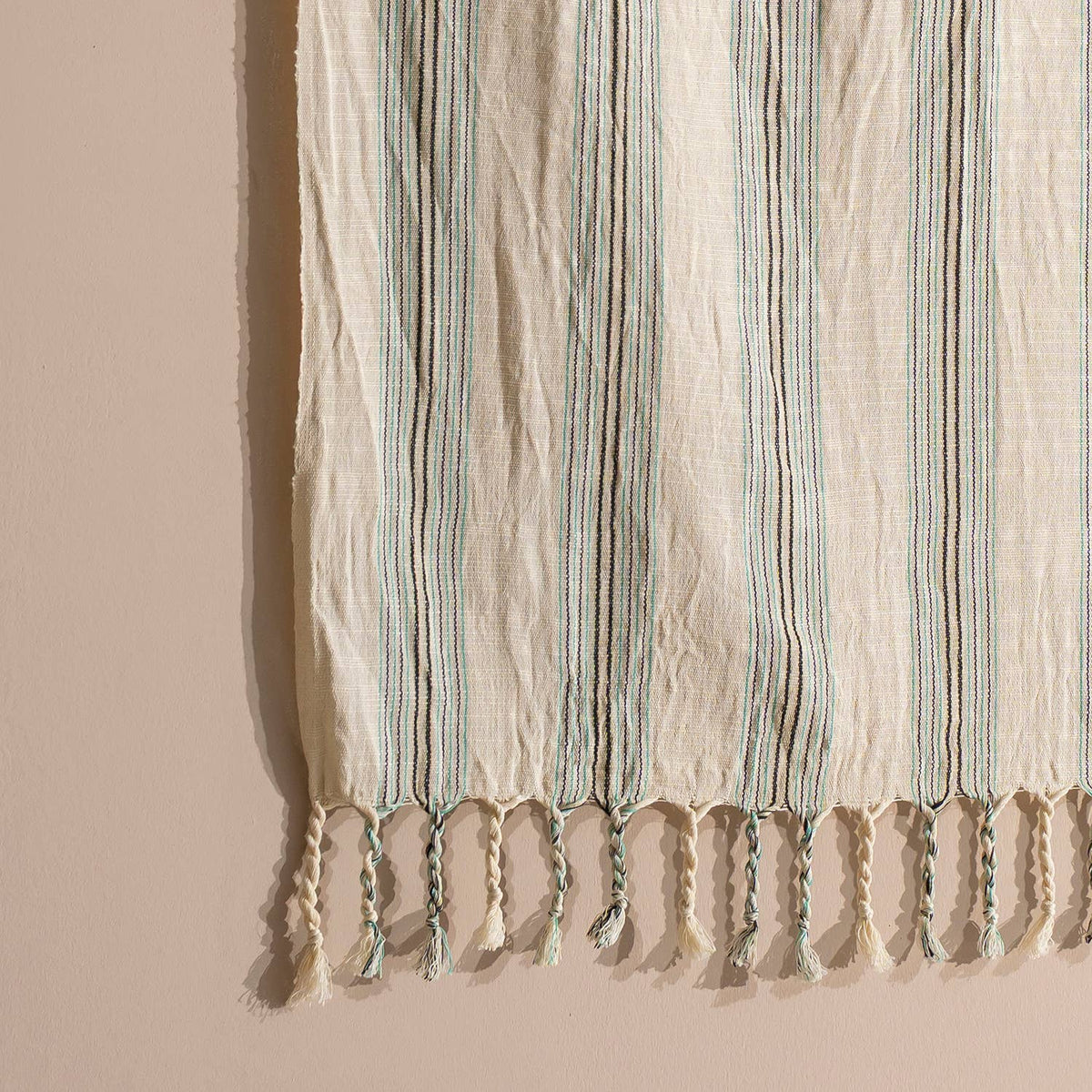 Olive & Ivory Stripe peshtemal, knotted fringe detail | Kikoya