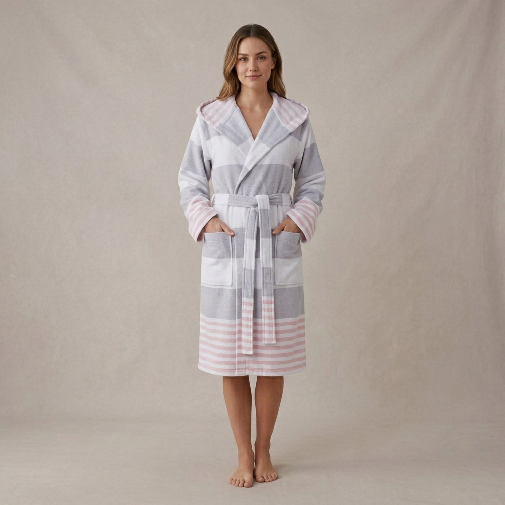 Mediterranean terry-backed Turkish bathrobe – block stripe | Kikoya
