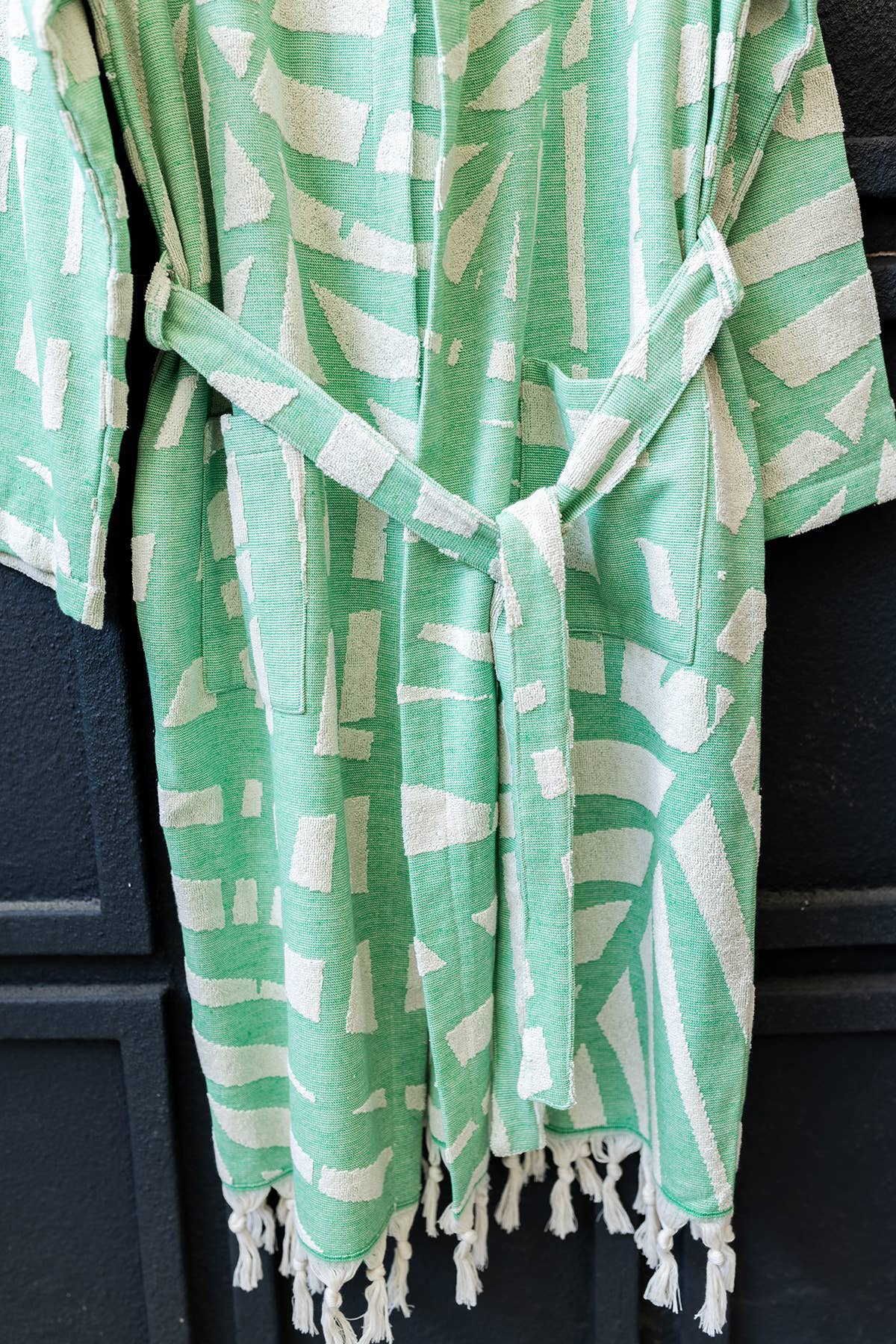 Fronds raised terry Turkish bathrobe, hooded, palm-frond jacquard | Kikoya