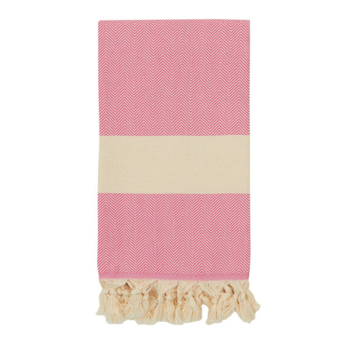 Herringbone Turkish towel – Pink, folded with fringe | Kikoya