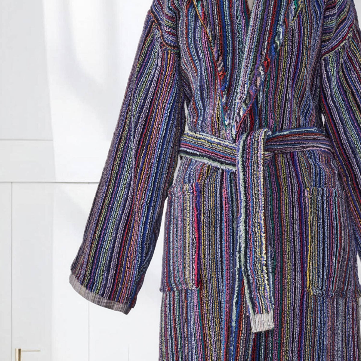 Pompom Turkish bathrobe – Purple Multi Stripe, Shawl Collar, back view | Kikoya