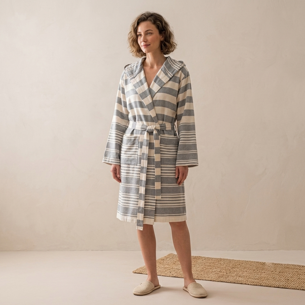 Anatolia flat-woven Turkish bathrobe – stripe, hooded, fringed hem | Kikoya