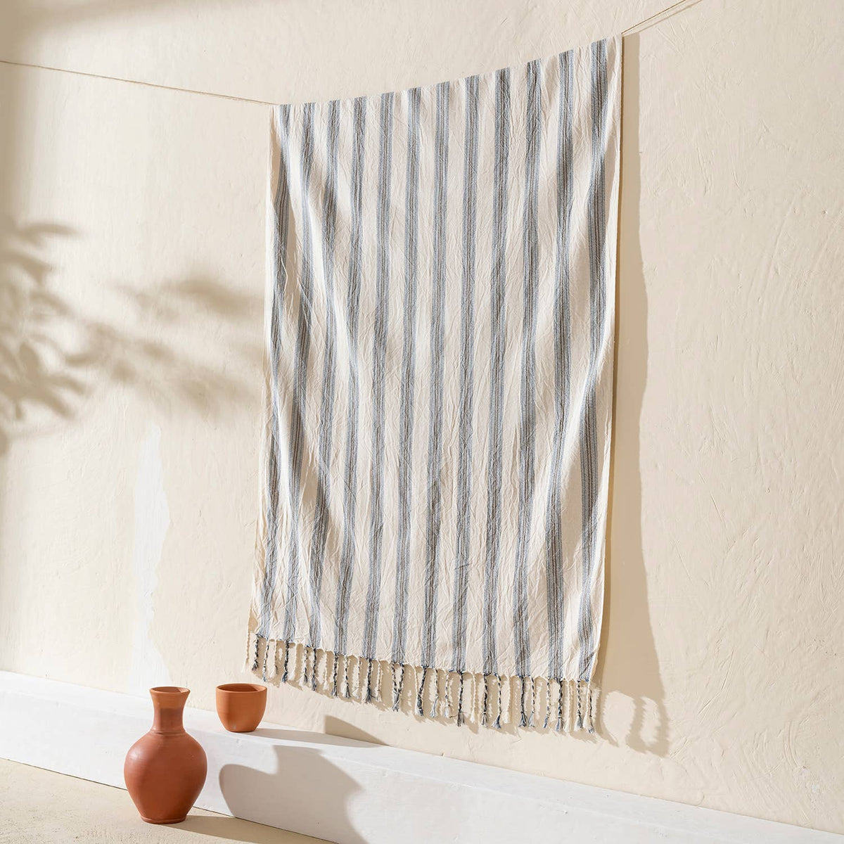 Taupe Ticking Stripe peshtemal, knotted fringe detail | Kikoya