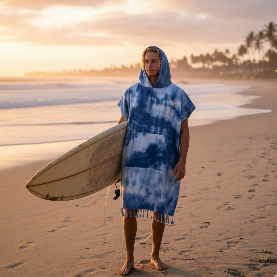 Marble Adult Hooded Changing Poncho – Blue Tie-dye, back view | Kikoya