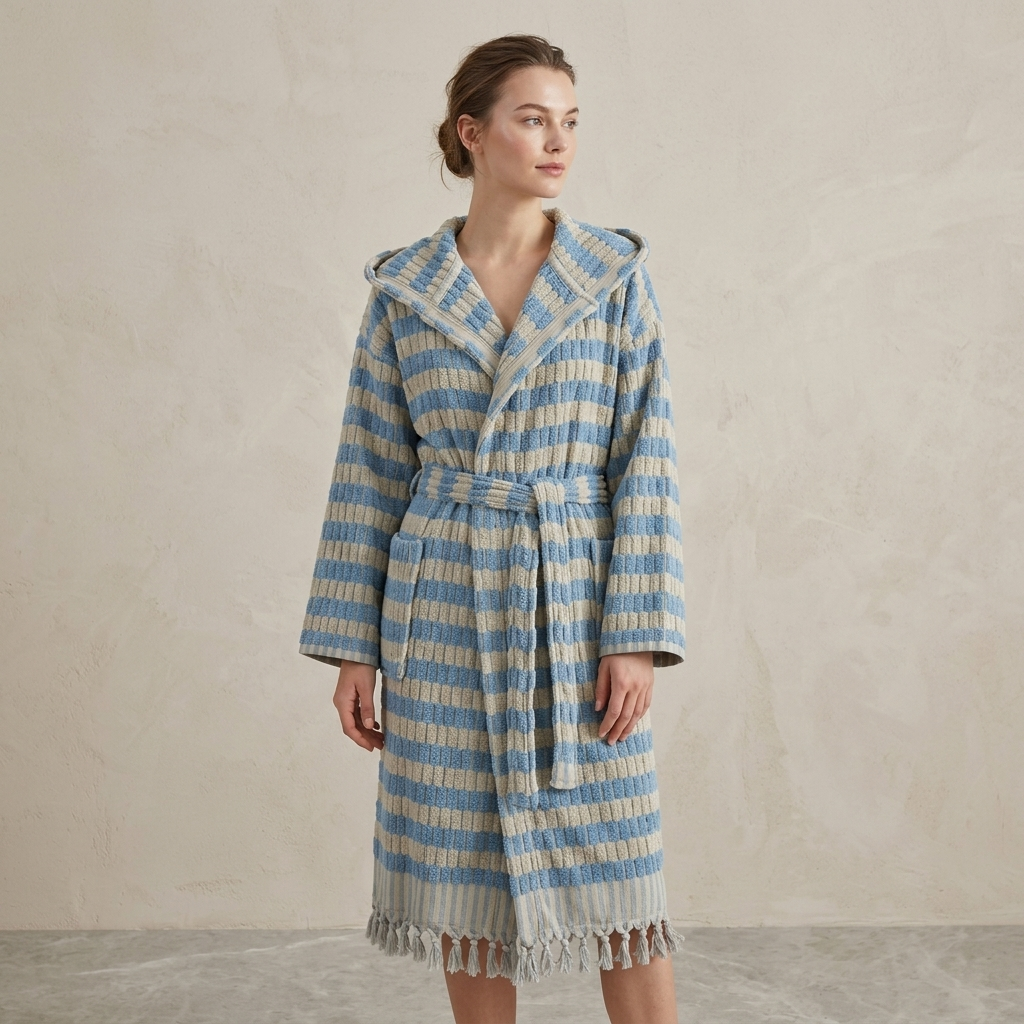 Pompom Turkish bathrobe – Lokum Baby Blue, Hooded, front view | Kikoya