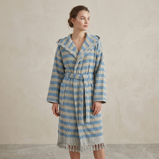 Pompom Turkish bathrobe – Lokum Baby Blue, Hooded, front view | Kikoya