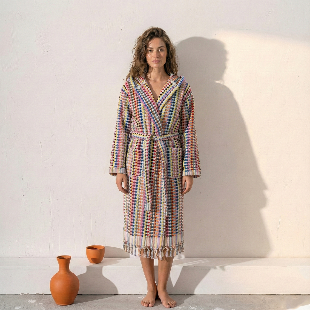 Pompom Turkish bathrobe – Multicolor, Hooded, styled view | Kikoya