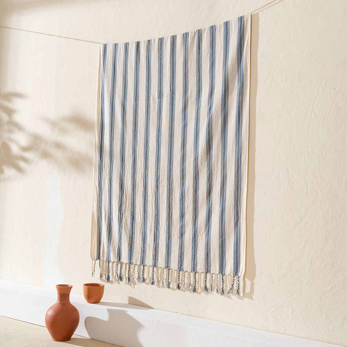 Denim Ticking Stripe peshtemal, knotted fringe detail | Kikoya