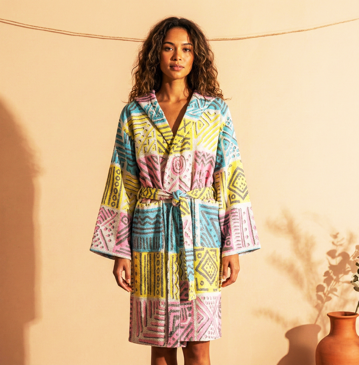 Rainbow Terry-backed Turkish bathrobe – Multicolor Stripe, fabric and texture detail | Kikoya