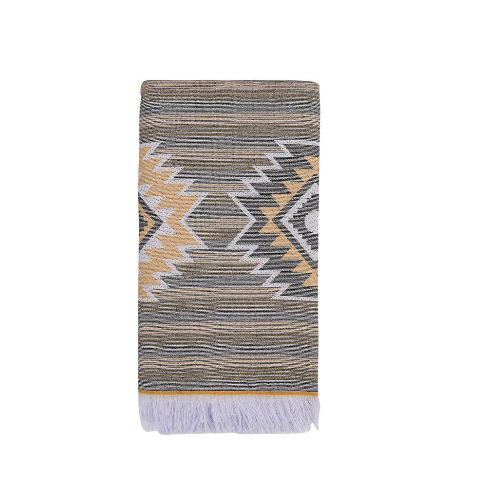Tribal terry-backed Turkish towel with woven jacquard face, 35x70 in | Kikoya