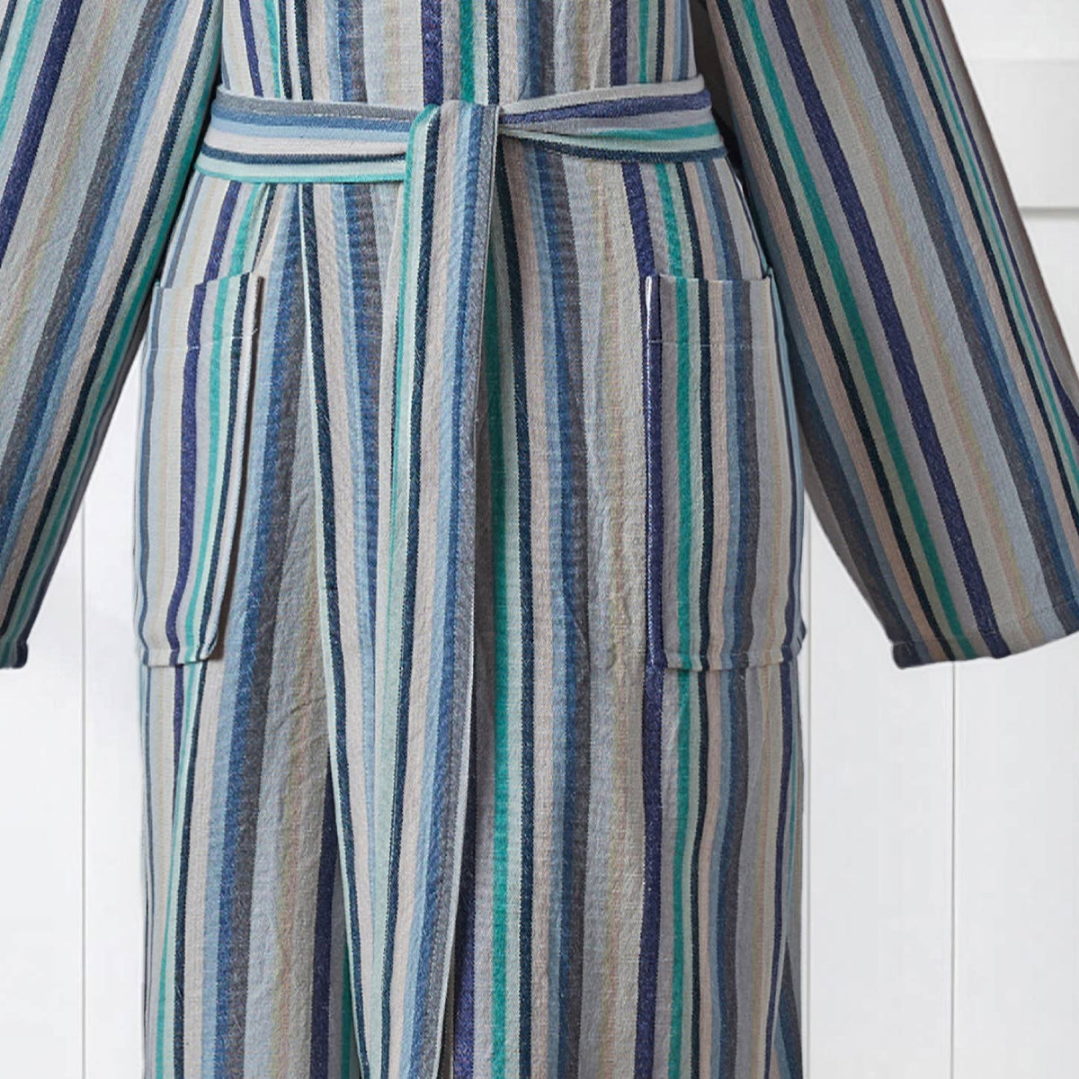 Antique Turkish hooded bathrobe – Teal & Blue Stripe | Kikoya