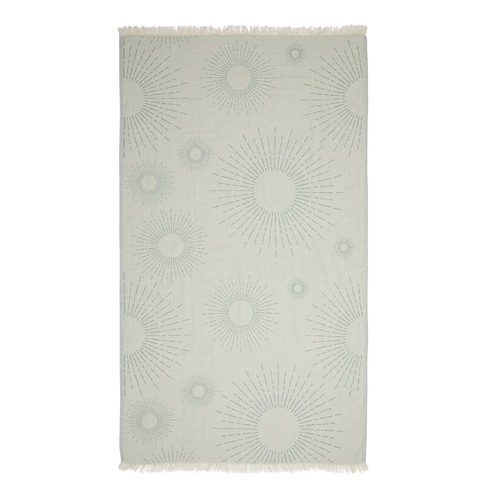 Sunburst print Turkish beach towel on natural cotton, 35x70 in, flat weave | Kikoya