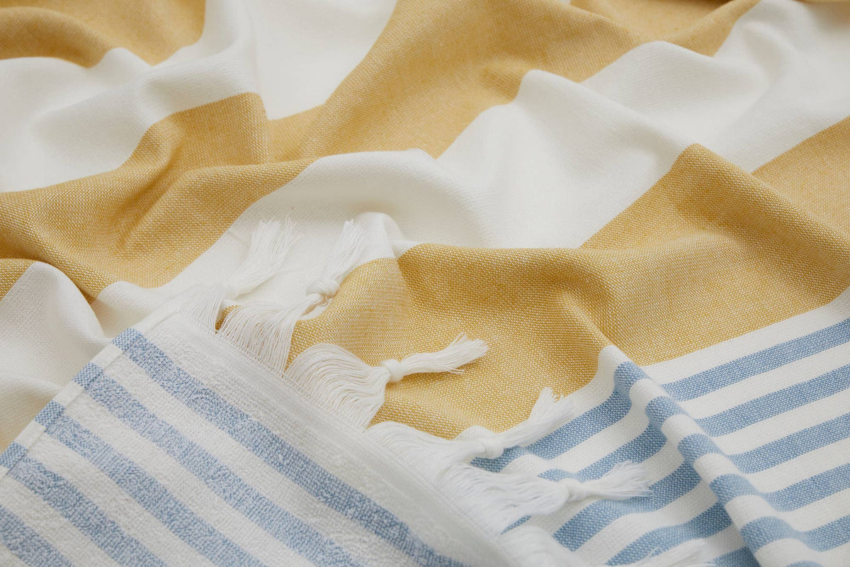 Mediterranean terry-backed Turkish towel in two-tone block stripe, 35x70 in | Kikoya