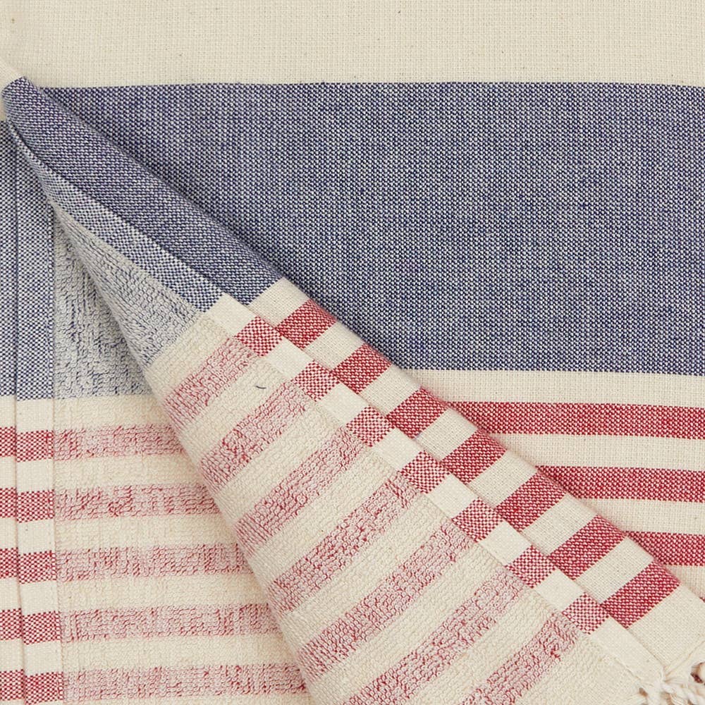 Mediterranean terry-backed Turkish towel in navy and red, 35x70 in | Kikoya
