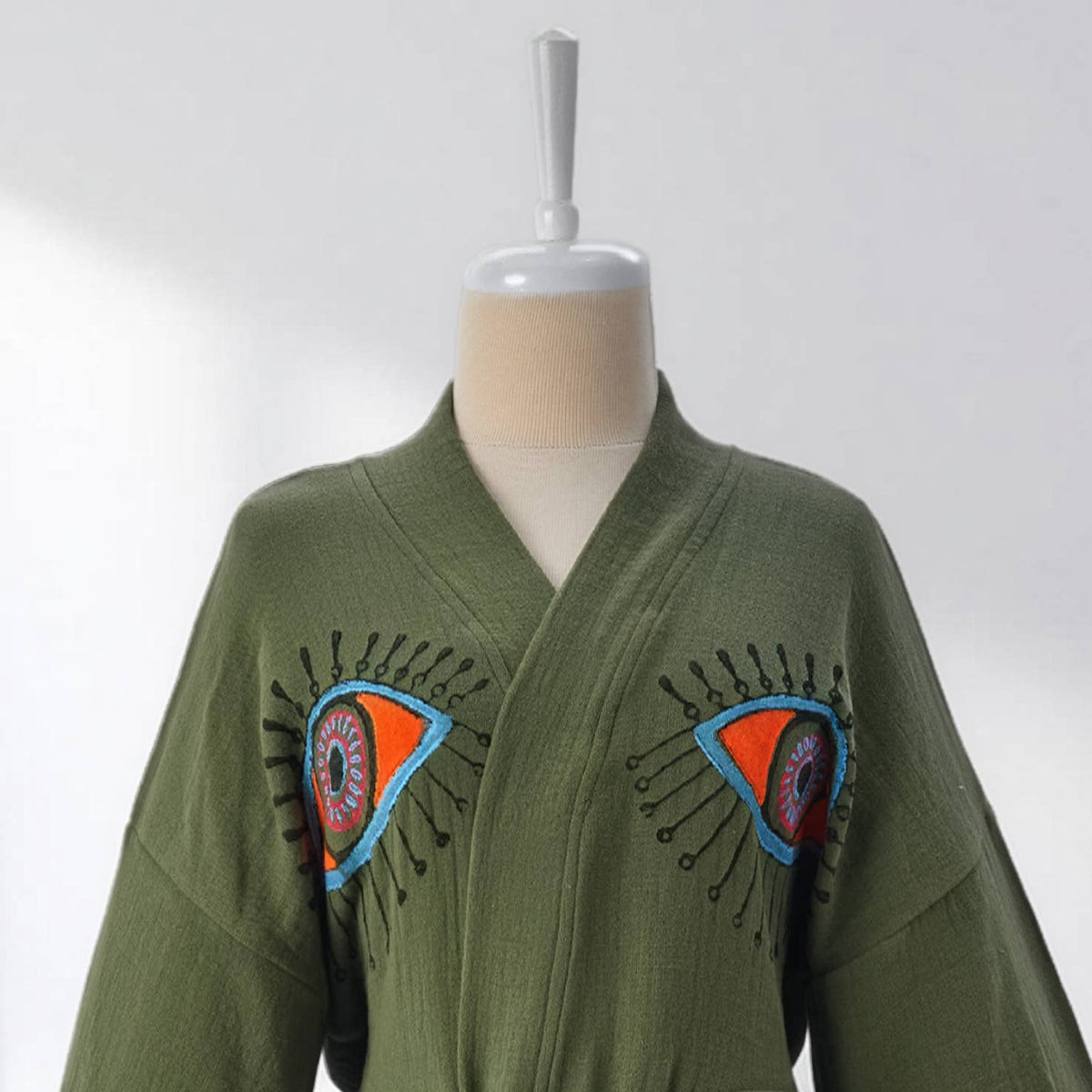 Block-print Turkish cotton kimono robe – Evil Eye Olive Green | Kikoya
