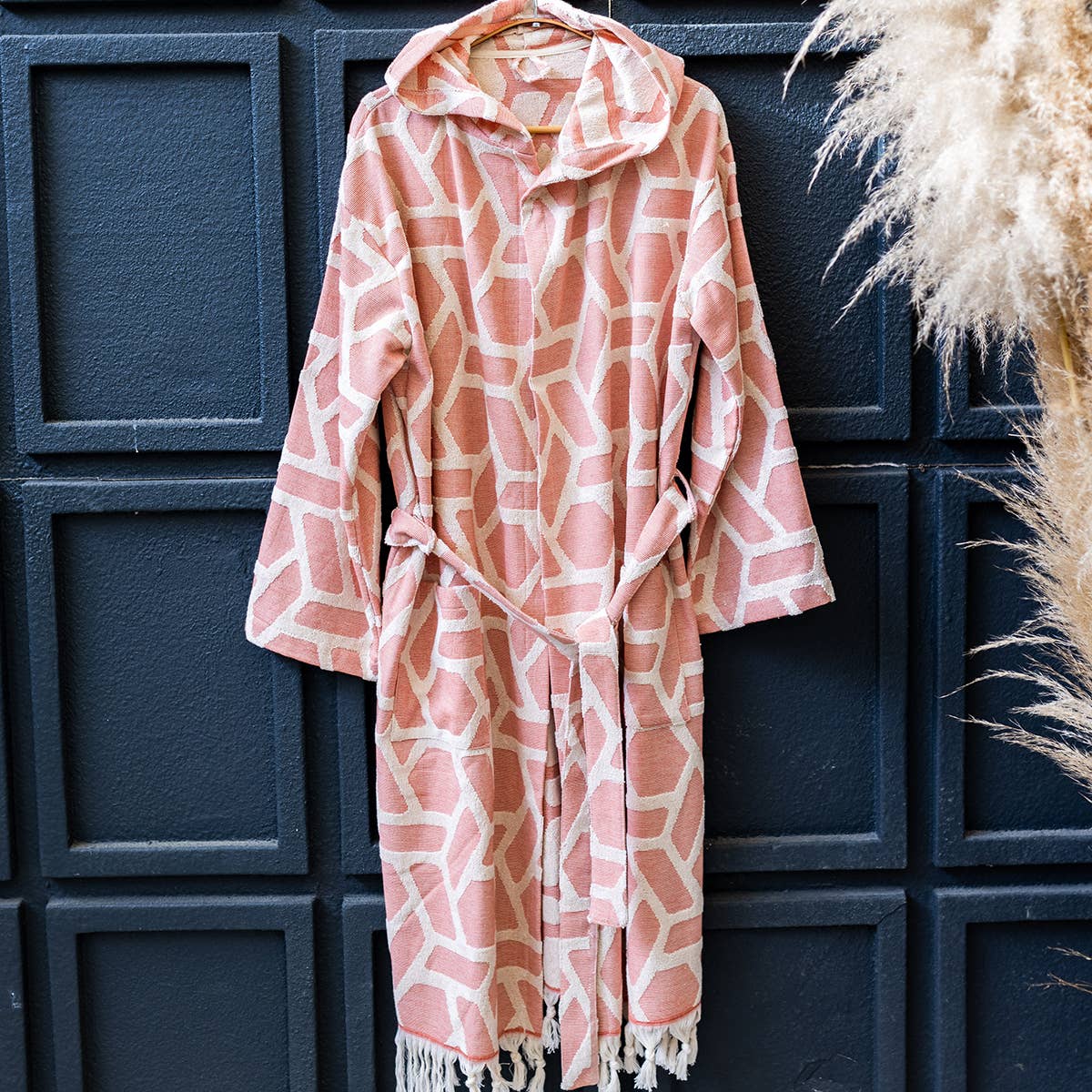 Aztec raised terry Turkish bathrobe in dusty rose, hooded | Kikoya