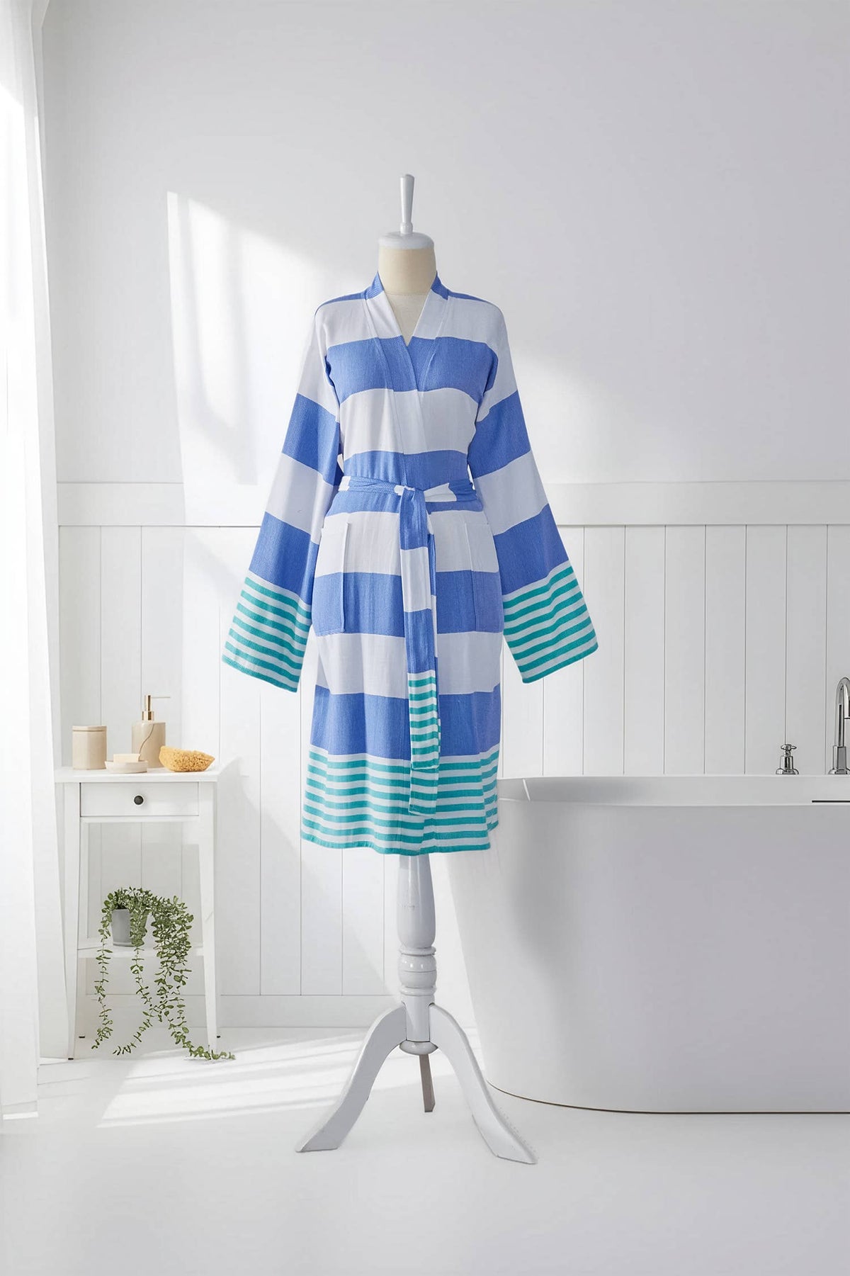 Mediterranean Turkish kimono bathrobe – blue and turquoise block stripe | Kikoya