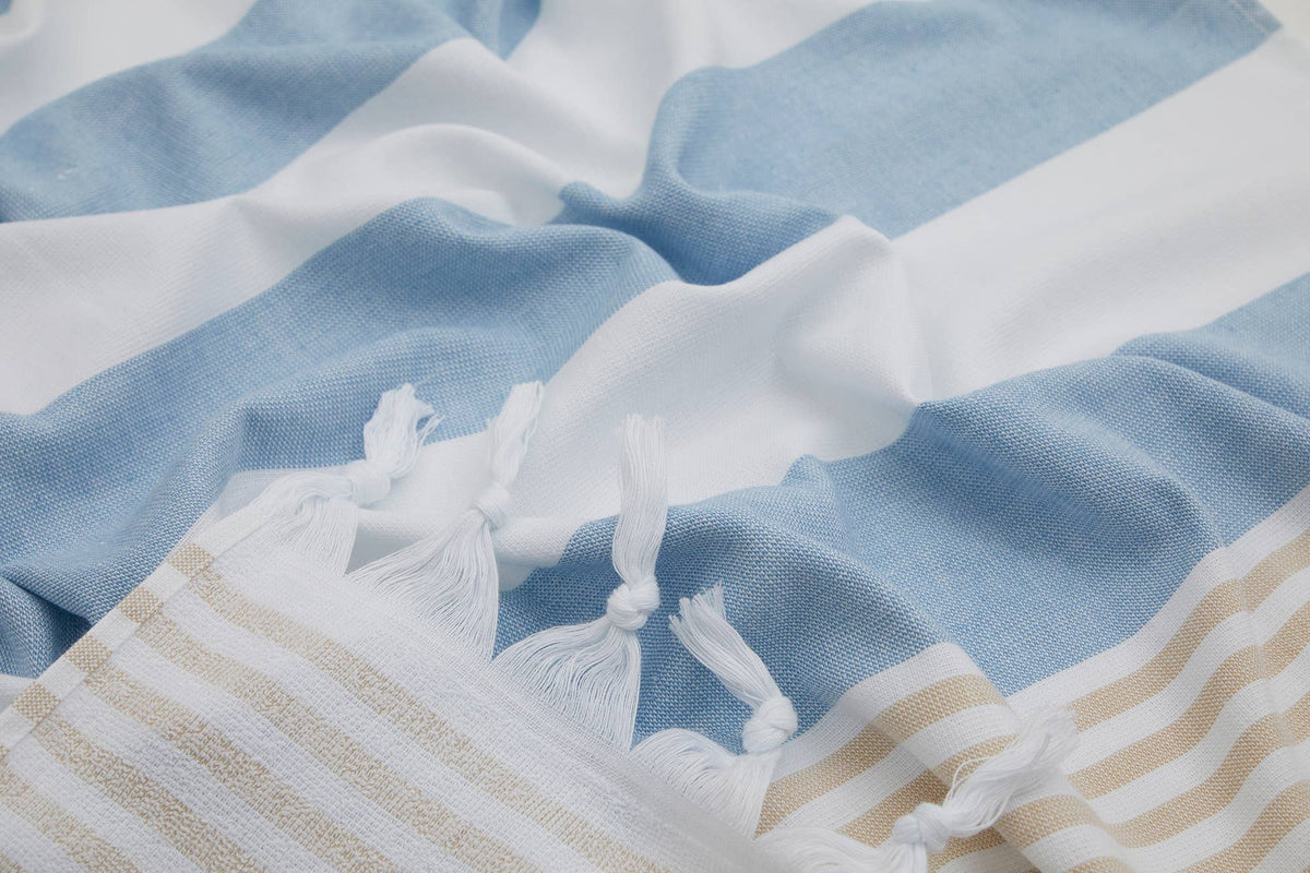 Mediterranean terry-backed Turkish towel in two-tone block stripe, 35x70 in | Kikoya